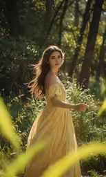 a woman wearing a dress is walking through the woods