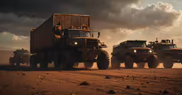 three army trucks traveling through a dusty desert,a group of dump trucks driving down a dirt field