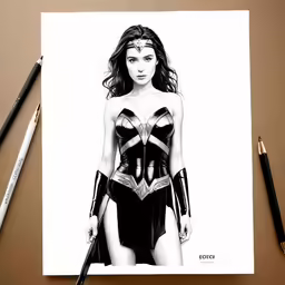 a drawing of wonder woman on a brown table
