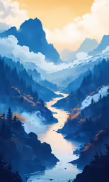 a painting of a river surrounded by mountains
