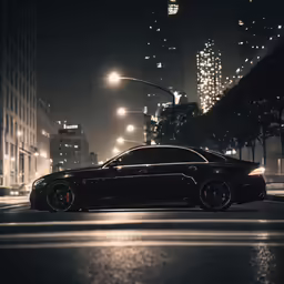 black masera driving through the city at night
