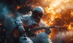 a man with a football helmet playing the guitar
