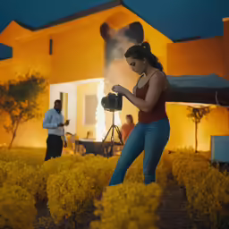 a girl is photographing a house at night with lights