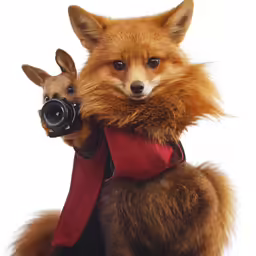 a furry dog with a camera in its mouth