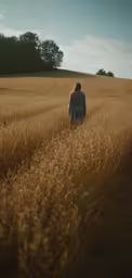 woman standing in a wheat field alone
