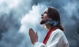 a woman with a cloud in the background
