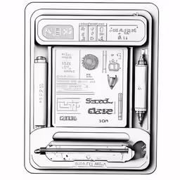 a drawing of a tablet with pens and scissors