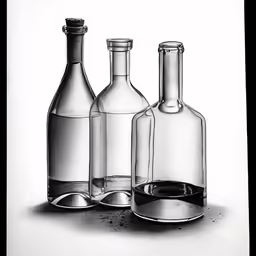 three empty bottles are shown in black and white