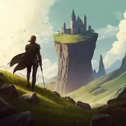 a person on a cliff looking over a fantasy castle