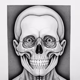 a black and white drawing of a skeleton with a cross on its chest
