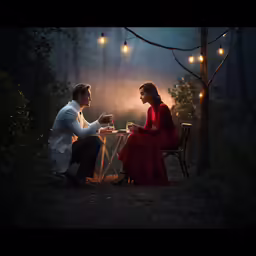 an elderly couple sitting at a small table outdoors at night