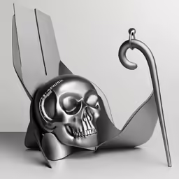a metal sculpture with a large knife and skull