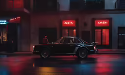 an old time car sits parked at night