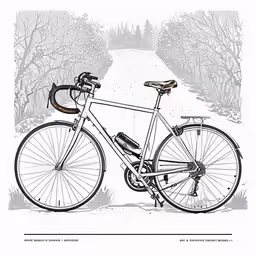 the drawing shows a bicycle that is parked on the side of a path