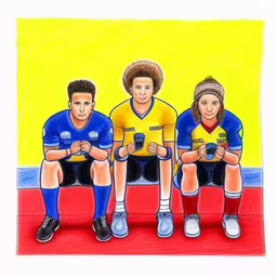 drawing of three men, two of whom are holding cell phones,a drawing of three young men sitting on top of a bench