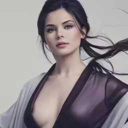 a woman posing in a gray and purple gown