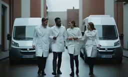 three men and two women in white walking