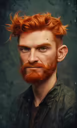 a red headed man with a frizzy red hair, is looking at the camera