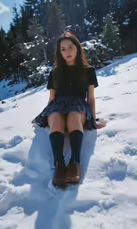 the woman in a dress is posing on a snowy mountain