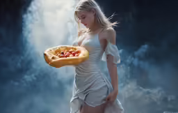 a woman in white dress holding a piece of food