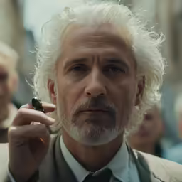 a man with long white hair smokes a cigarette