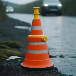 orange cone sitting on the ground in the rain