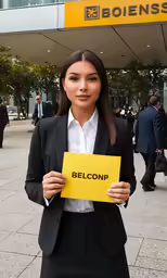 a woman holds a sign that says b belongs