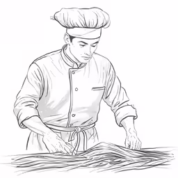 a black and white line drawing of a chef in action