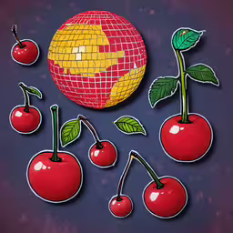 a piece of artwork with many cherries on it,a picture of a picture of some fruit