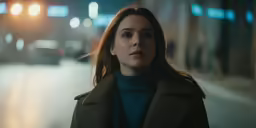 a woman standing on a city street at night