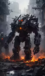 a giant robot is walking through an alley