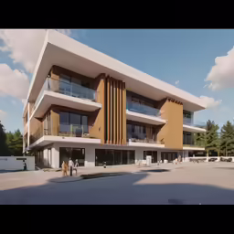 two people are standing outside a white, modern building