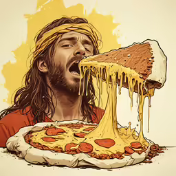 there is an image of a man holding pizza