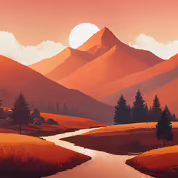 a mountain scene with orange light over the mountains,a large painting of a river in a field