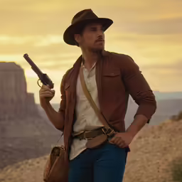 a man in a hat holding a rifle in front of a mountain