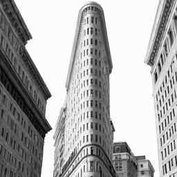a black and white photo of the flatiroy towers in new york