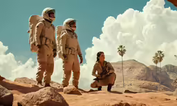 some men are sitting and standing in the sand