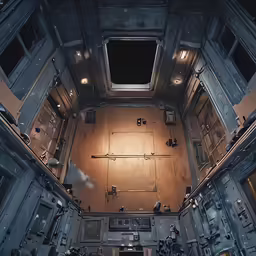 an overhead view of an inside room with large appliances