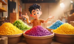 an animated boy is standing in a bowl of food