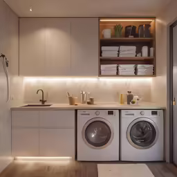 a washer and dryer sitting in a room next to cabinets
