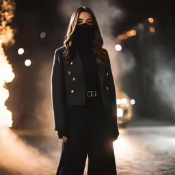 woman in black outfit and a jacket with lights and smoke behind her