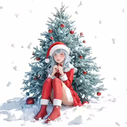 a girl dressed up like santa sitting by a christmas tree