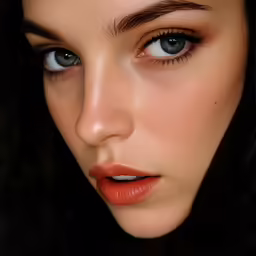 a woman with long, wavy hair and a face make up