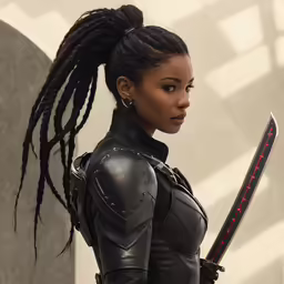 a woman dressed in black has a sword and holds it