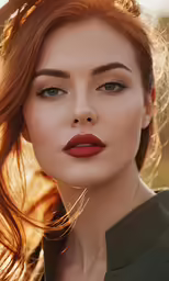 a woman with long hair and red lips looking at the camera