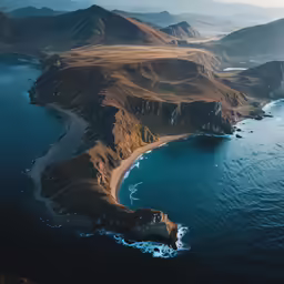 an island sits on an ocean and is surrounded by mountains