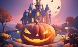 halloween pumpkins are in the foreground of a glowing castle