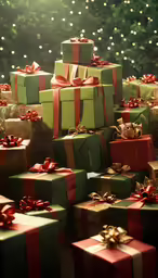 a bunch of gifts wrapped in green paper and bows