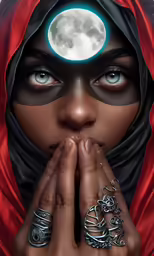 a gothic woman in red hoodie holding hands to her mouth