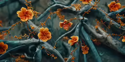 two flowers bloom on an almost bare tree branch
